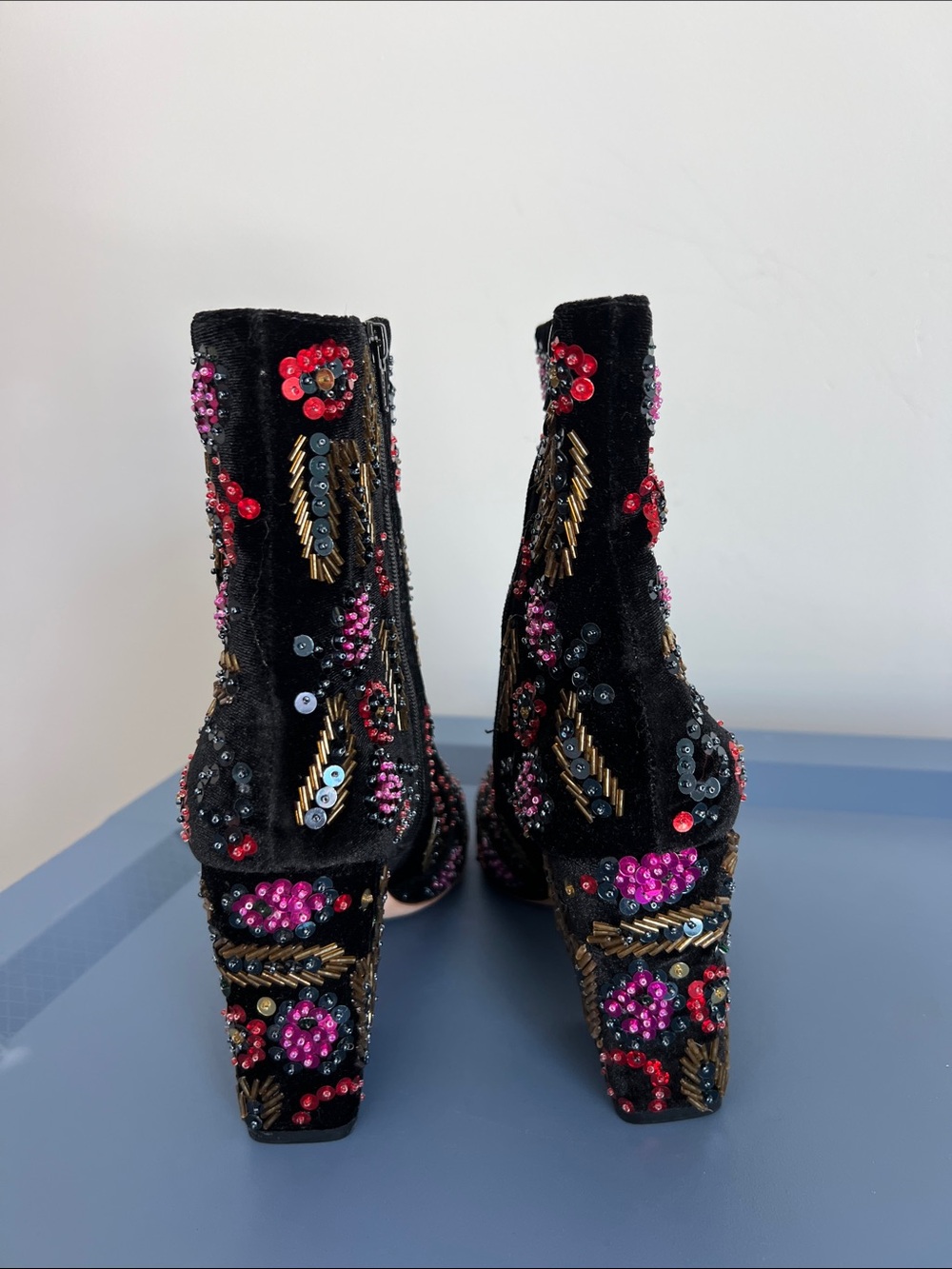 Loeffler Randall isla black velvet multicolored sequins heeled pointed toe boots - Picture 6 of 13